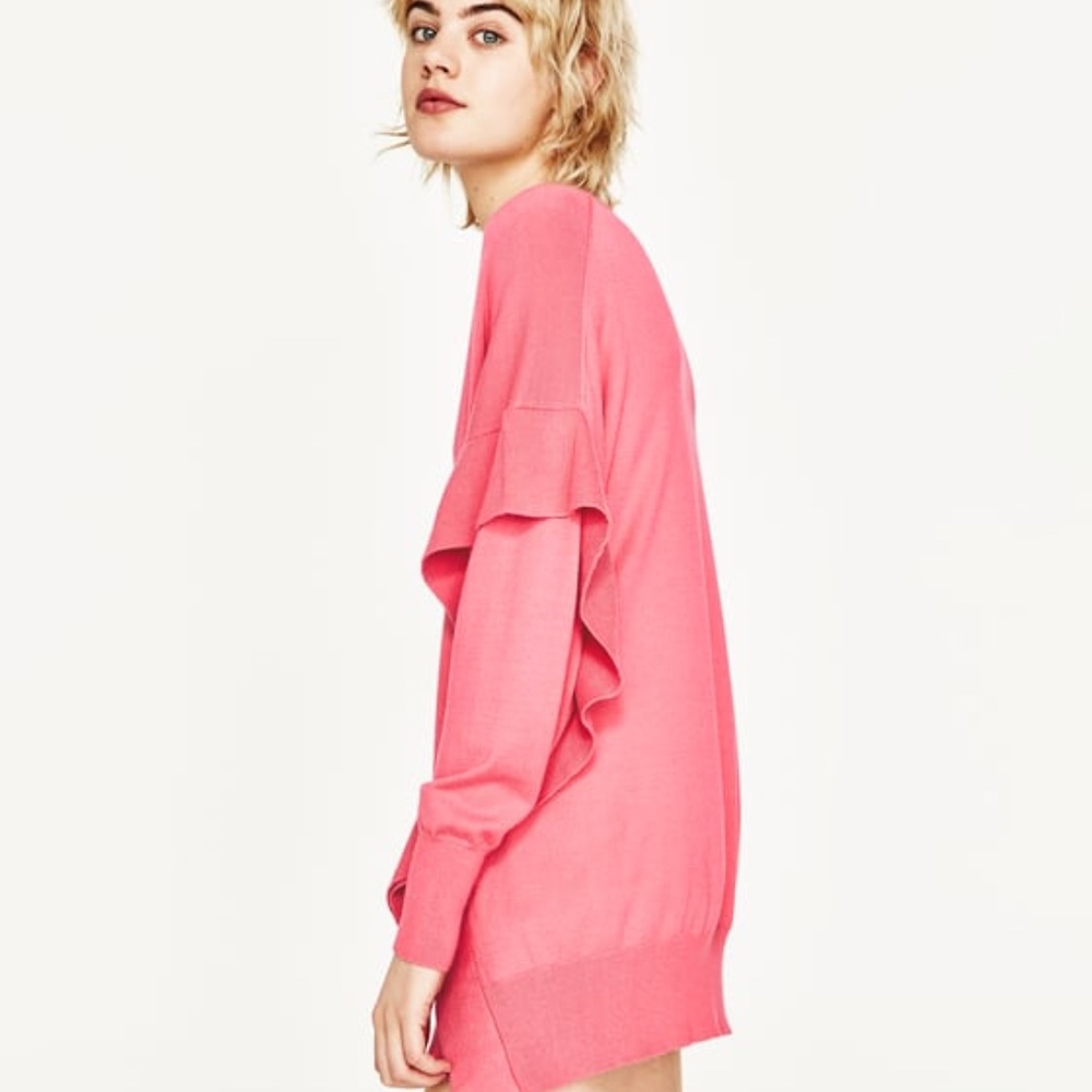 NWT Zara Bright Pink Flounce Ruffle Sleeve Sweater - Picture 5 of 8
